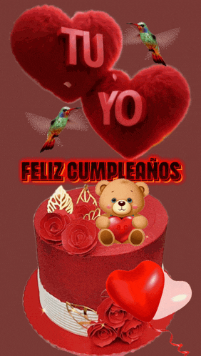 a teddy bear sitting on top of a red cake with the words feliz cumpleanos