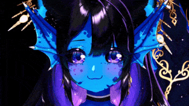 a drawing of a girl with blue wings and black hair
