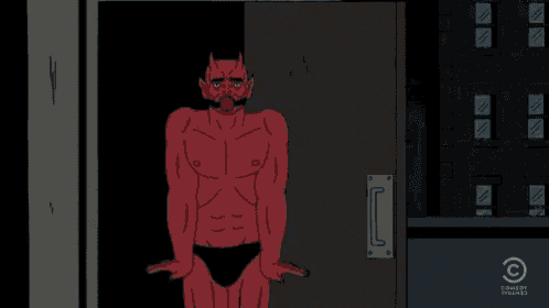 a cartoon of a red devil standing in front of a door that says comedy central on the bottom