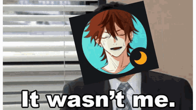 a man in a suit has a picture of a crying man on his head and the words it wasn 't me ..