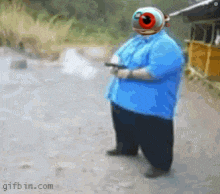 a fat man in a blue shirt is holding a gun with an eye on his head