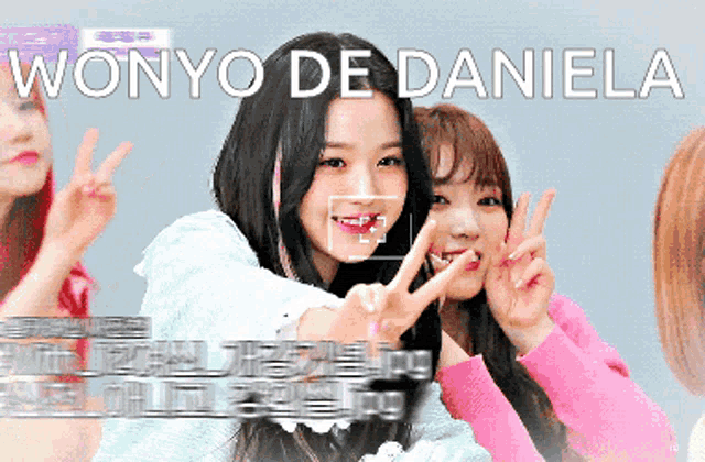 a woman giving a peace sign with the name wonyo de daniela written above her