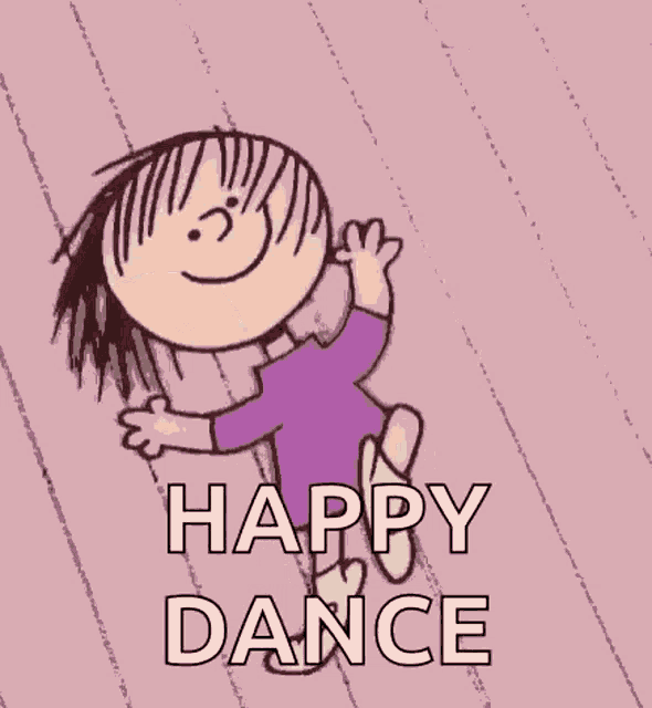 a cartoon of a girl jumping in the air with the words `` happy dance '' written below her .