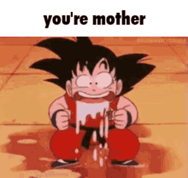 a cartoon of a boy drinking milk from a bottle with the words `` you 're mother '' written on it .