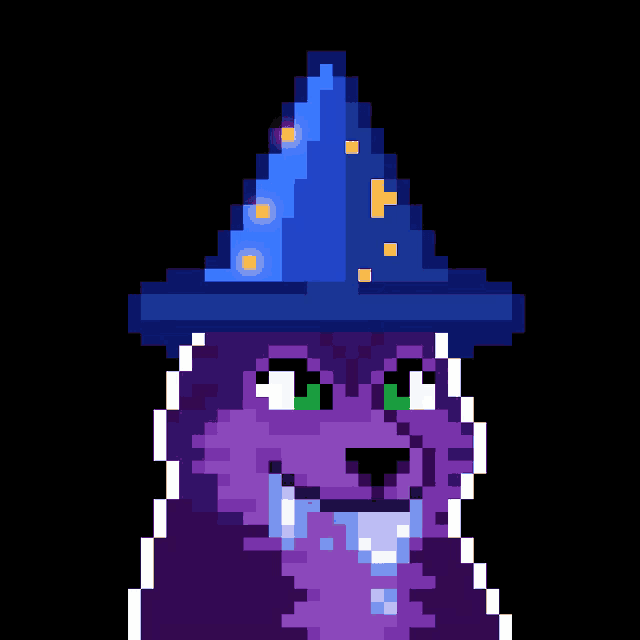 a pixel art drawing of a purple wolf wearing a blue wizard hat