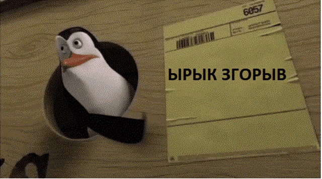 a penguin standing next to a piece of paper that says 6057 on it