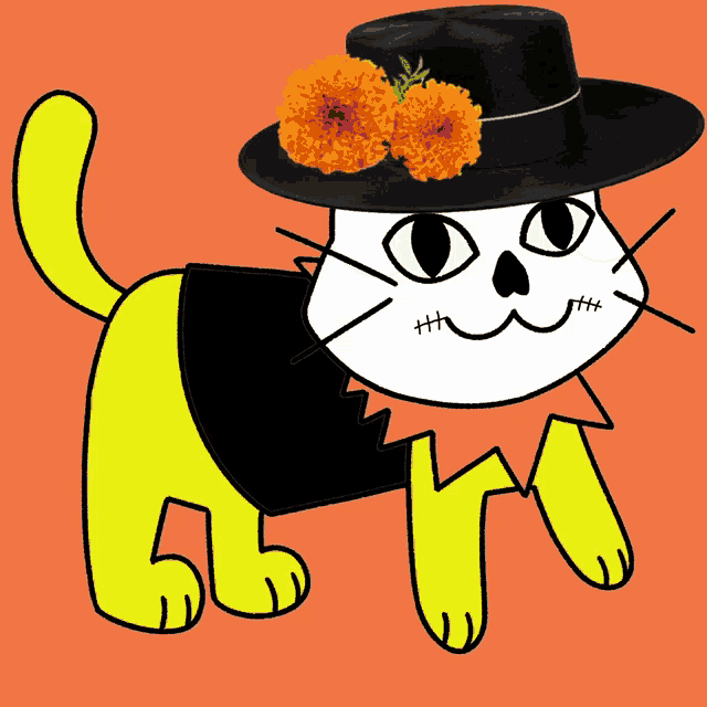 a yellow and white cat wearing a black hat with marigolds on it