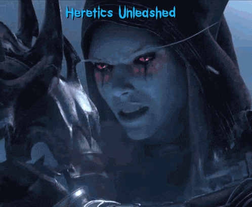 a picture of a woman with red eyes and the words heretics unleashed above her