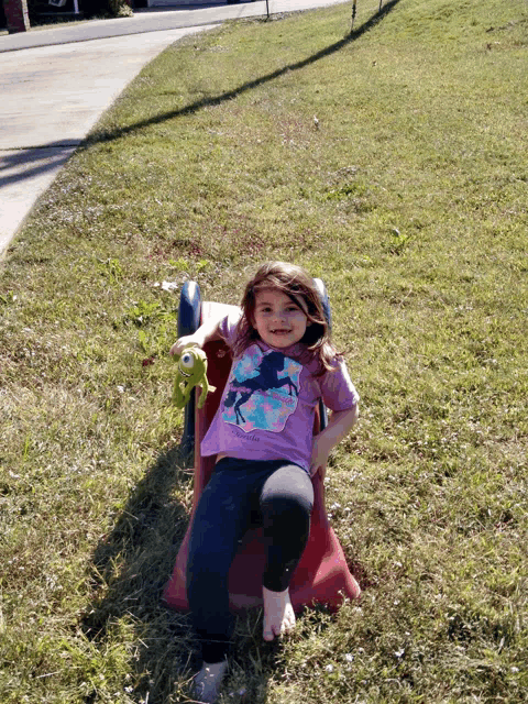 a little girl wearing a pink shirt with a dinosaur on it sits on a slide