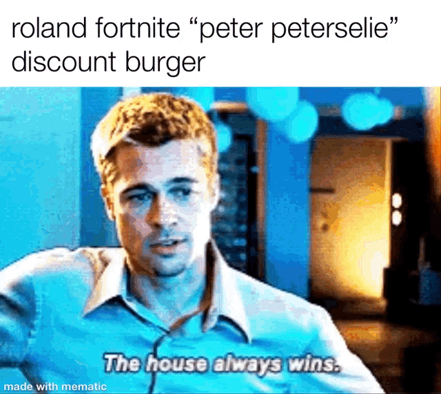 a man in a blue shirt is talking about the house always wins