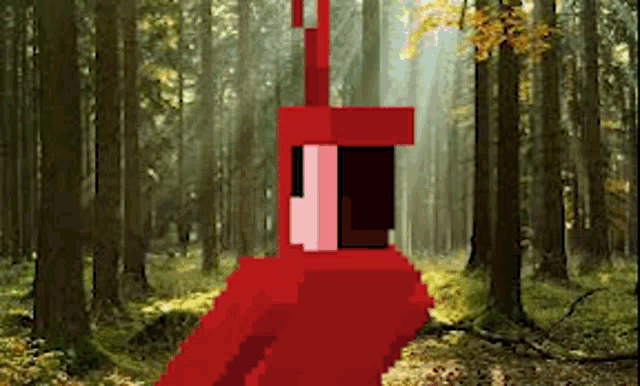a pixel art of a red teletubbies character in a forest