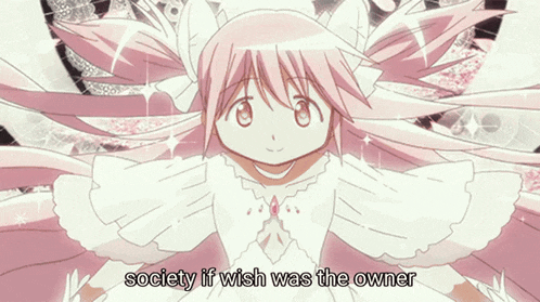 a pink and white anime character with the words society if wish was the owner below her