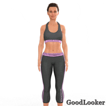 a woman is standing in front of a white background with the words goodlooker on the bottom right