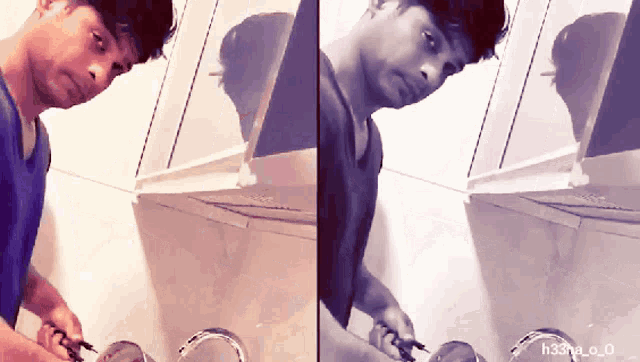 a man is washing dishes in a kitchen with the watermark h33no_0_0
