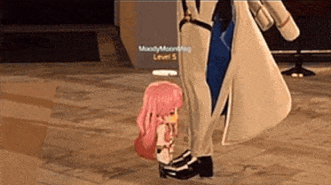 a cartoon character with pink hair is standing next to a man in a suit .