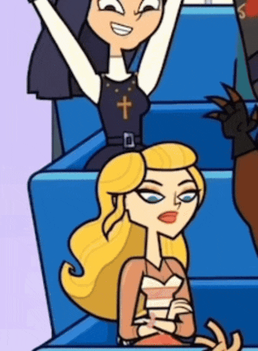 a cartoon girl with a cross on her top