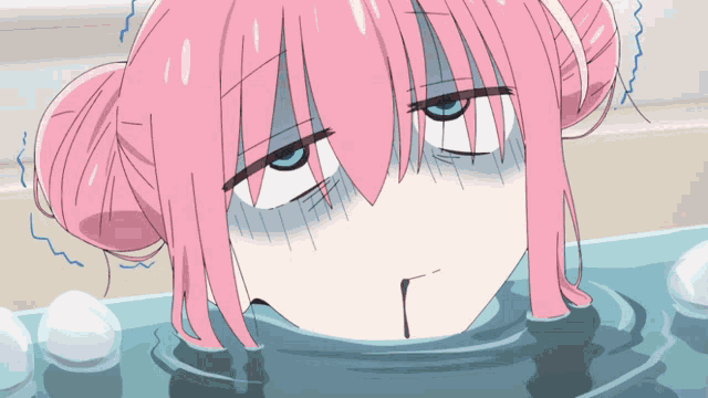 a girl with pink hair is in a bathtub with her eyes closed