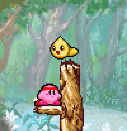 a pixel art of kirby sitting on a tree stump