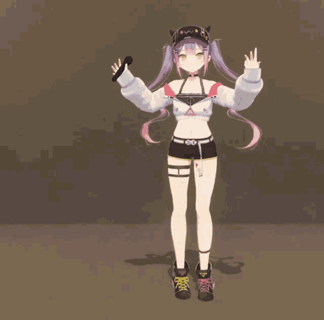 a 3d model of a girl with purple hair and a hat