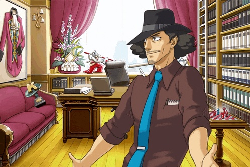 a man in a hat and tie stands in front of a bookshelf