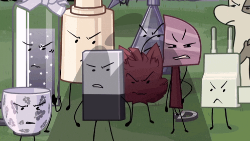 a group of cartoon characters with angry faces are standing in a field