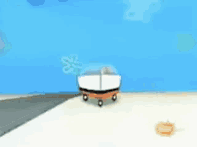 a cartoon car is driving on a beach in front of a blue background .