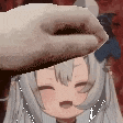 a pixel art of a person holding a piece of food over a girl 's head .