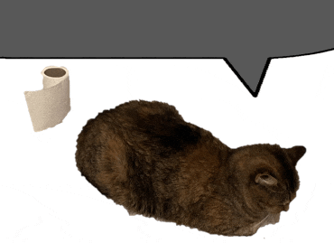 a cat laying next to a roll of toilet paper with a speech bubble above it