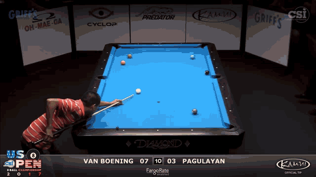 a pool table with a blue cloth and a man playing pool