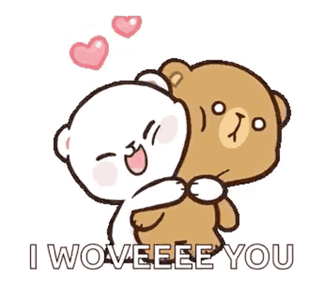 a couple of teddy bears hugging each other and saying `` i woveeee you '' .