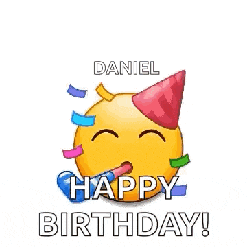 a happy birthday greeting card with a bunch of smiley faces wearing party hats and blowing party horns .