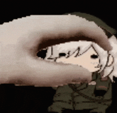 a pixel art of a hand holding a cartoon character 's face .