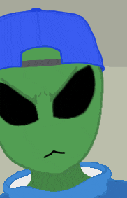 a green alien wearing a blue hat and a blue shirt