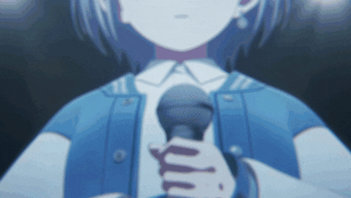 a girl in a blue jacket holds a microphone