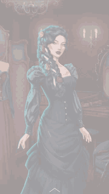a drawing of a woman in a black dress with roses in her hair