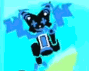 a blue and black robot with wings is flying in the air .