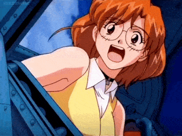 a girl with orange hair and glasses is looking out of a blue door