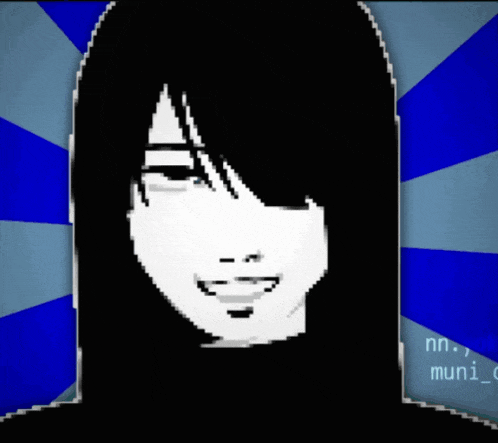 a pixel art drawing of a girl with long black hair and a blue background