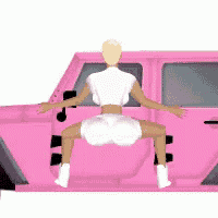 a woman in a white crop top and white shorts is standing in a pink car