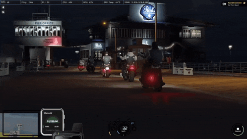 a screenshot of a video game shows a group of people riding motorcycles in front of the pier office