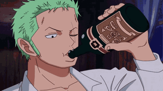 a man with green hair is drinking from a bottle with a label that says m on it