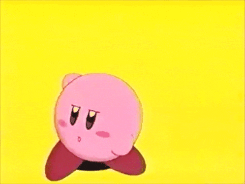 kirby is dancing on a yellow background in a video game .