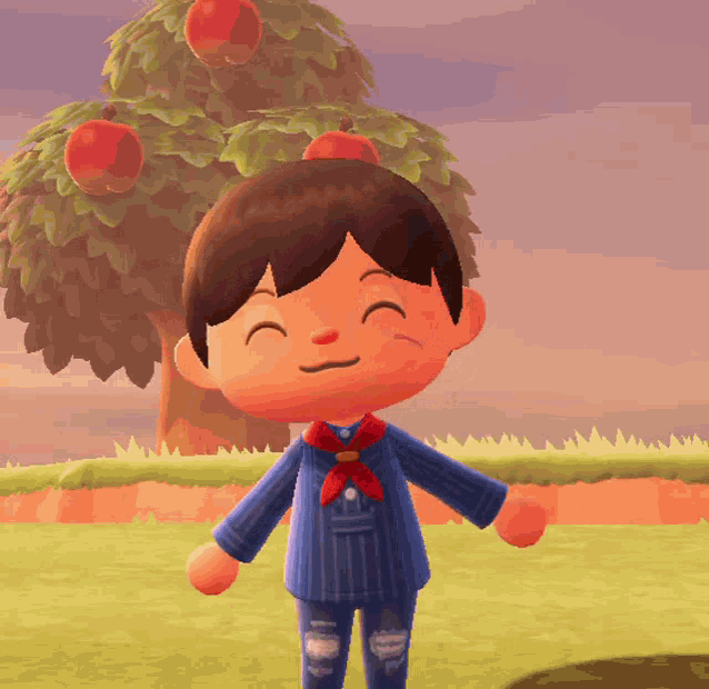 a cartoon character with an apple on his head is smiling in front of an apple tree