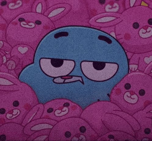 a cartoon character from the amazing world of gumball is surrounded by pink stuffed animals