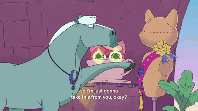 a cartoon drawing of a horse and a cat with a heart in the background