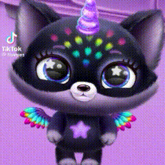 a raccoon with a unicorn horn and wings is standing on a purple surface .