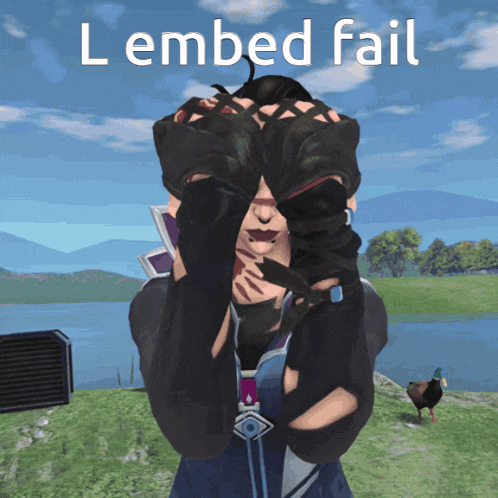 a woman covering her face with her hands and the words l embed fail behind her