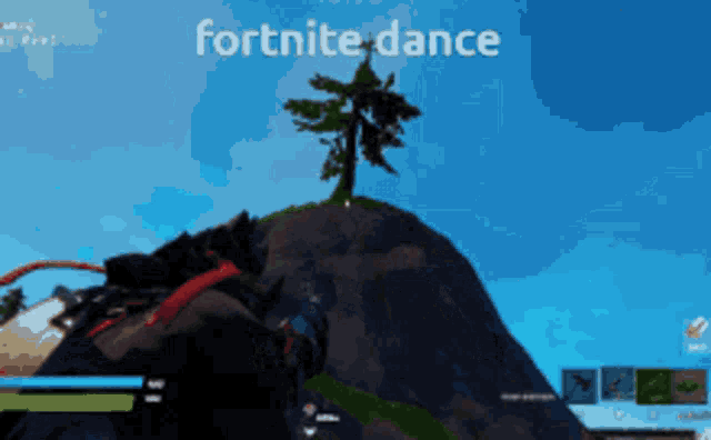 a video game screen shows a tree on top of a mountain and the words fortnite dance