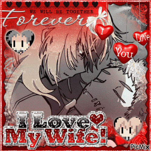 a picture of a man kissing a woman with the words " we will be together forever "