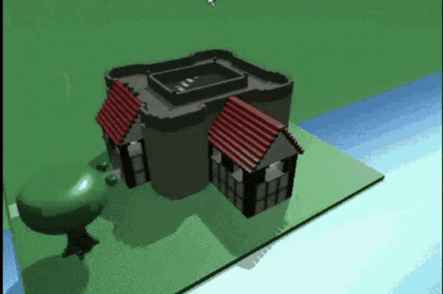 a 3d model of a castle with red roofs